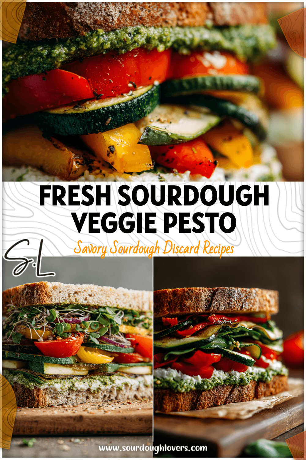 A colorful Vegetarian Sandwich on sourdough bread filled with pesto and fresh veggies.